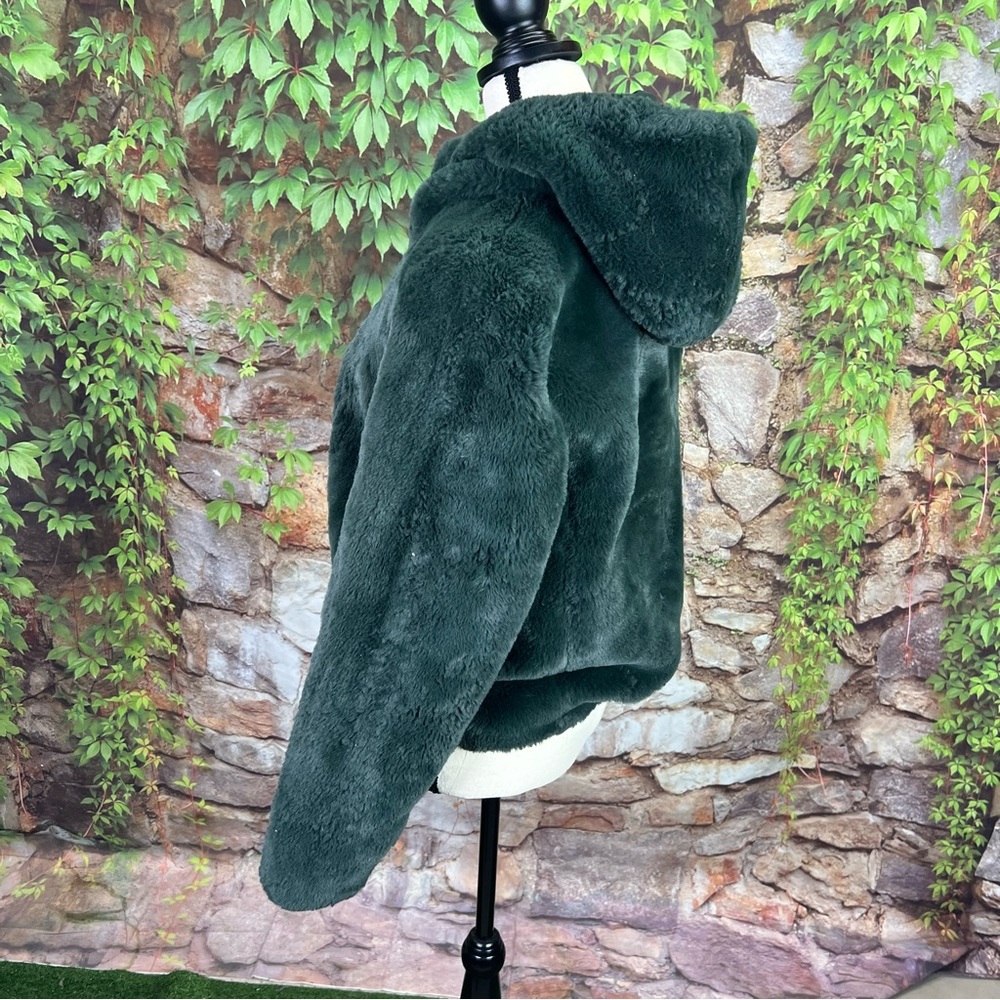 RACHEL ZOE Plush Cozy Green Patterned Teddy Fur Faux Fur Hooded Jacket, XS - Picture 7 of 12